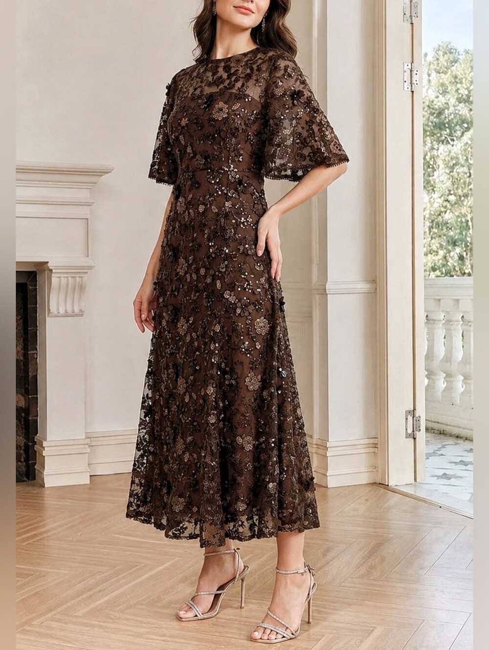 New Luxe Sequin Long Dress Flutter Short Sleeve Floral Brown